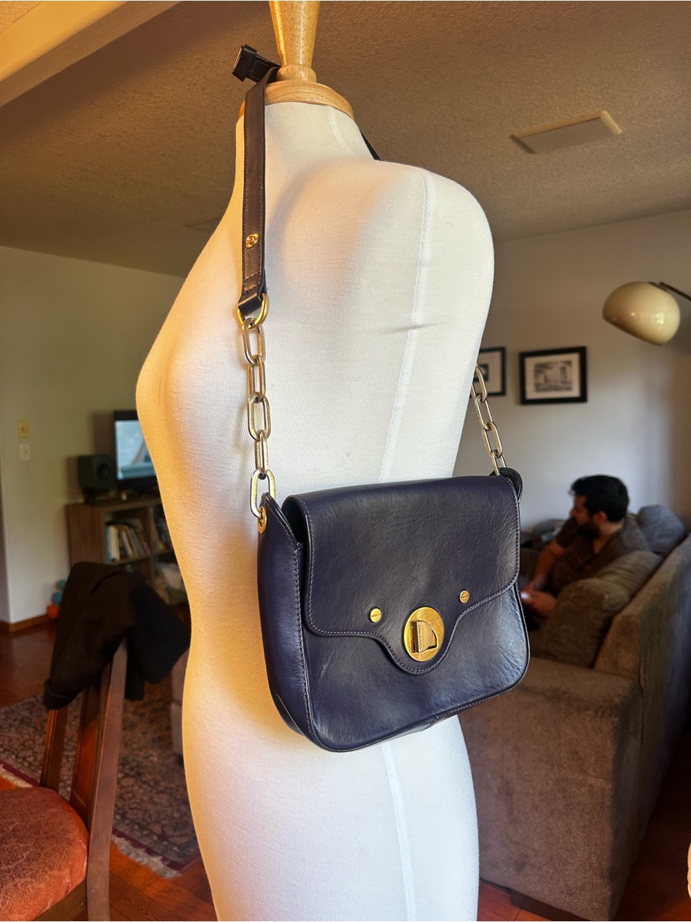 Purple Leather Shoulder Bag with Gold Chain Accent